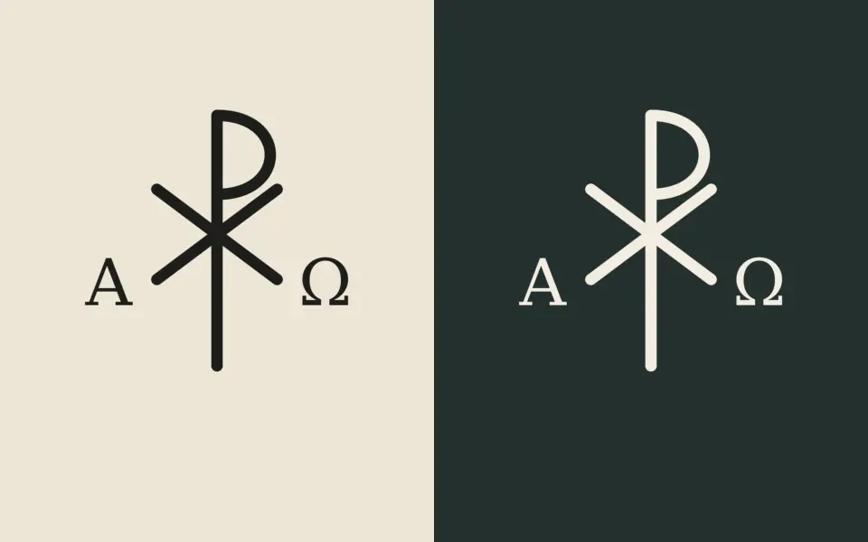 Chi-Rho with Alpha and Omega design shown twice: dark ink on a cream background and cream ink on a dark green background