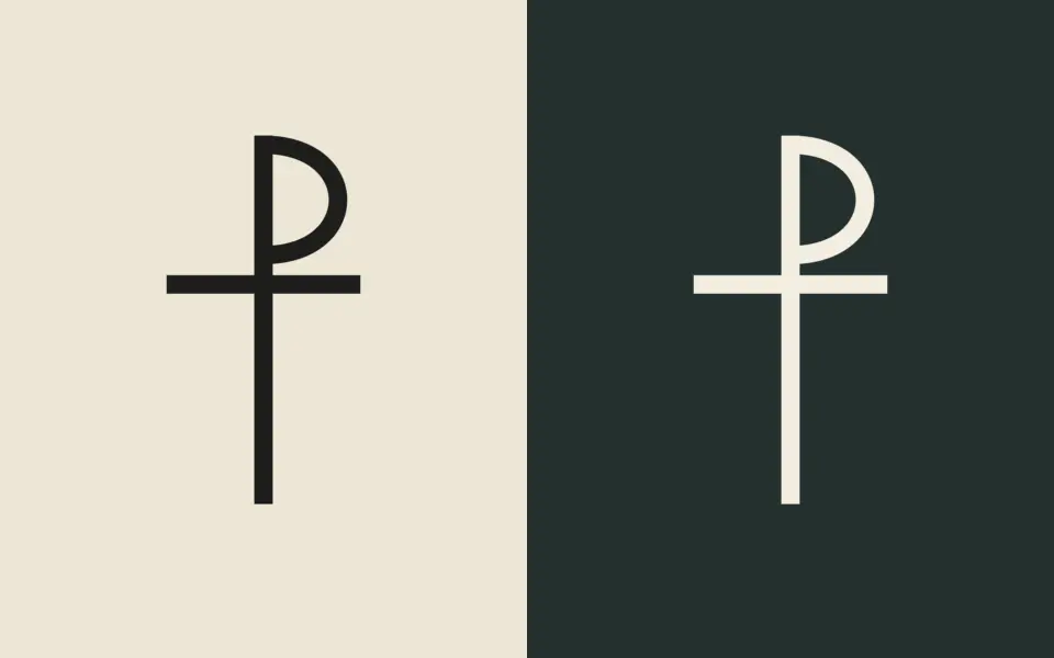 Staurogram design shown twice: dark ink on a cream background and cream ink on a dark green background