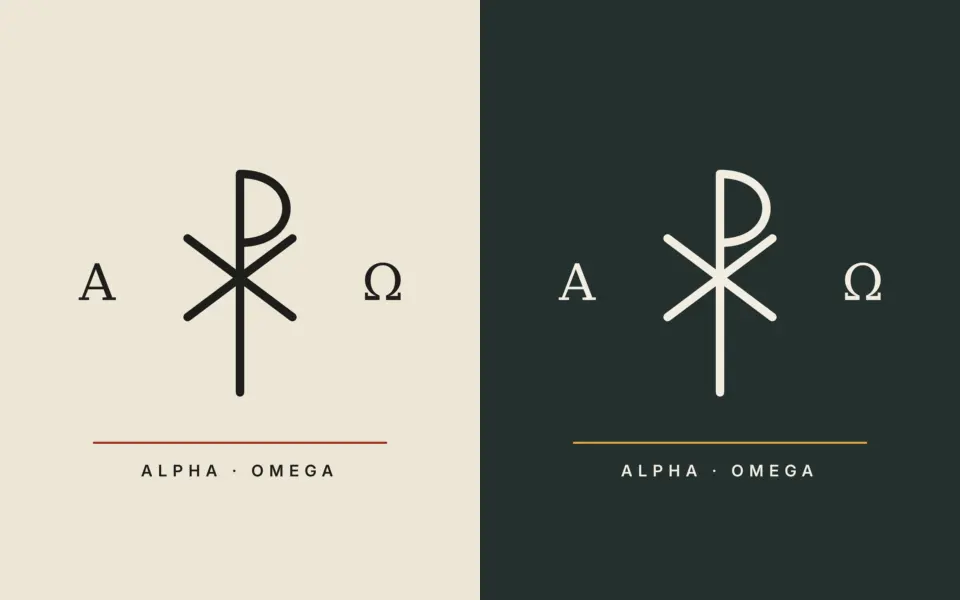 Alpha, Chi-Rho, Omega design shown twice: dark ink on a cream background and cream ink on a dark green background