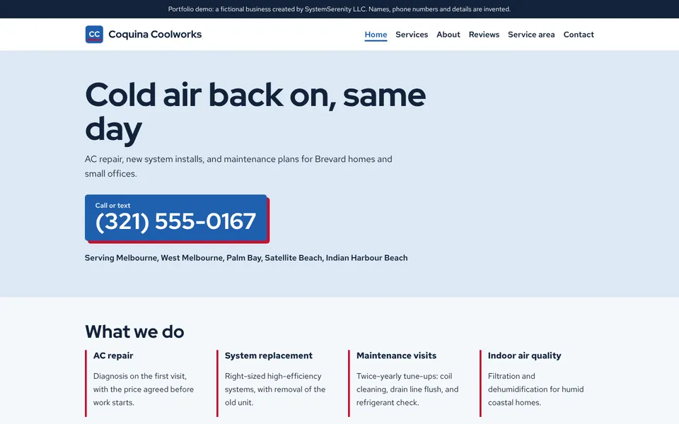 Five-page demo site for Coquina Coolworks, a fictional air conditioning business