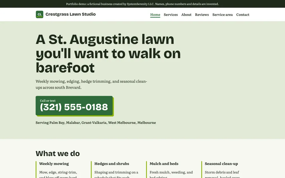 Five-page demo site for Crestgrass Lawn Studio, a fictional lawn care business