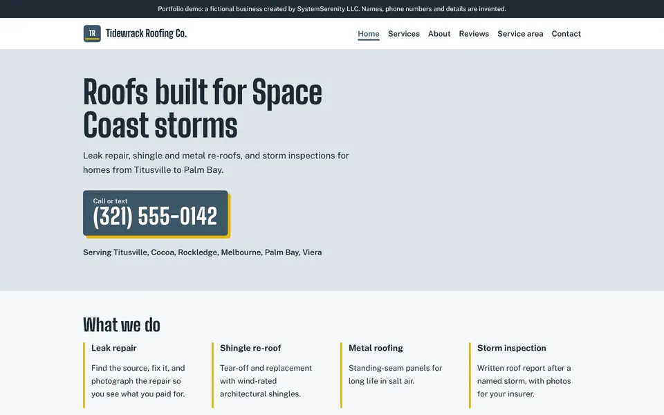 Five-page demo site for Tidewrack Roofing Co., a fictional roofing business