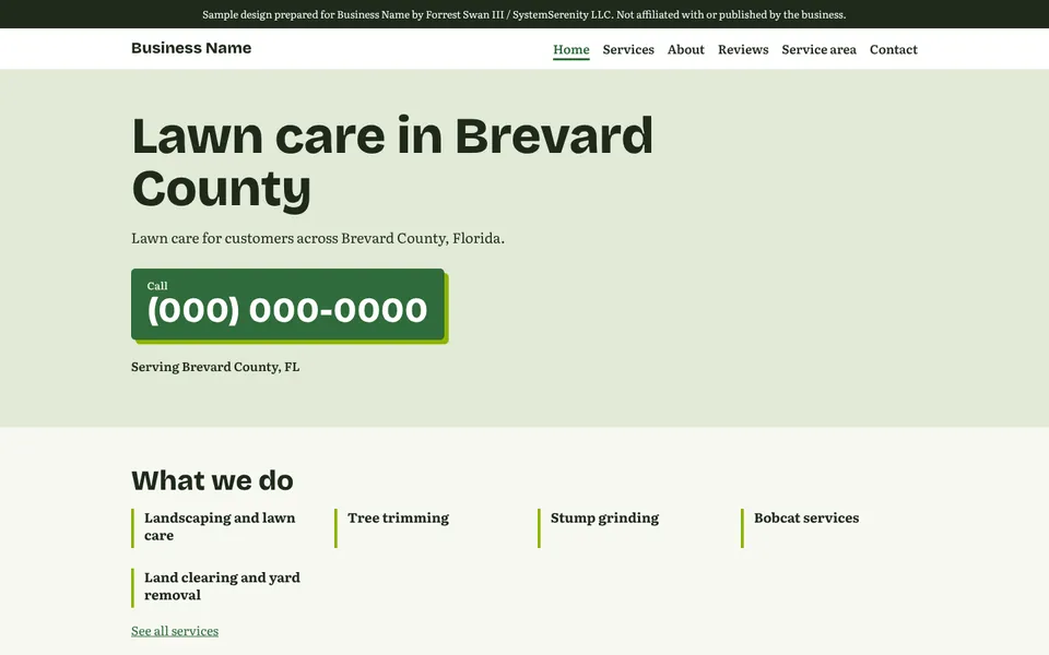 Five-page redesign concept for a lawn care company in Brevard County, with the business name and phone replaced by placeholders
