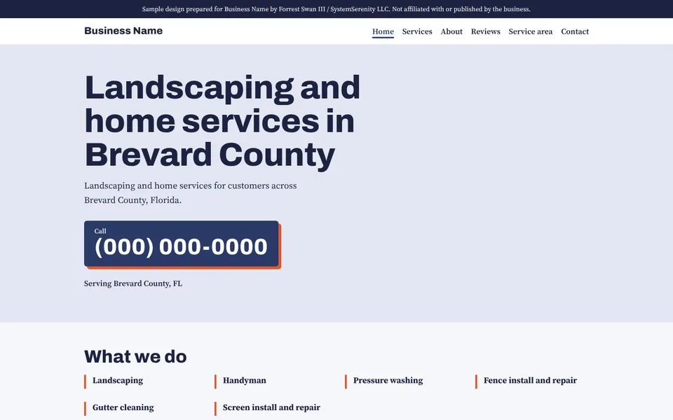 Five-page redesign concept for a landscaping and home services company in Brevard County, with the business name and phone replaced by placeholders
