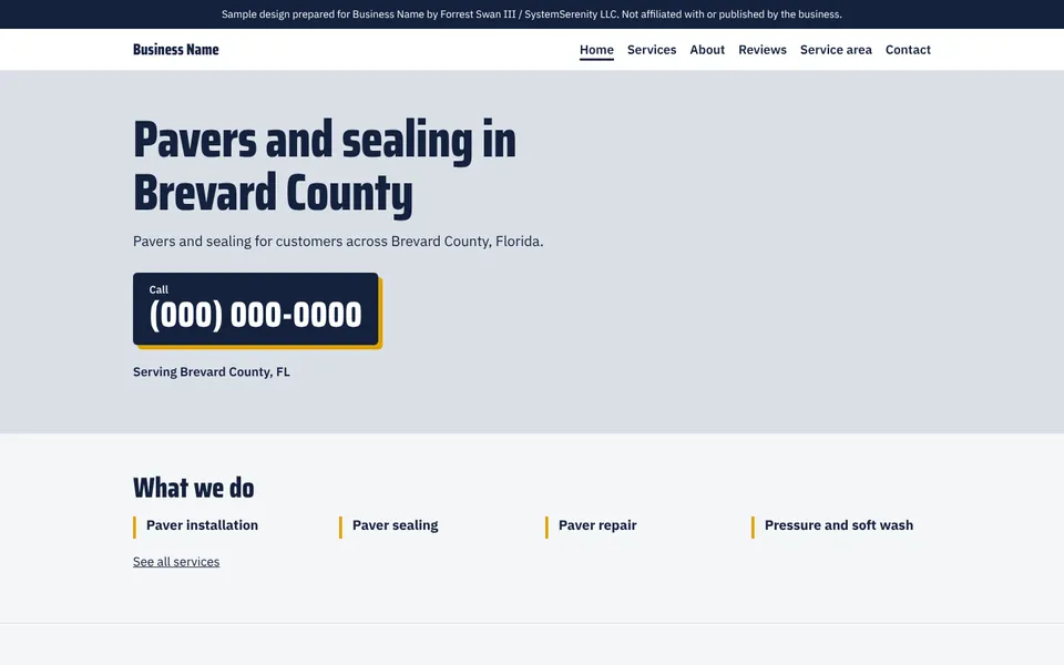 Five-page redesign concept for a paver installation company in Brevard County, with the business name and phone replaced by placeholders