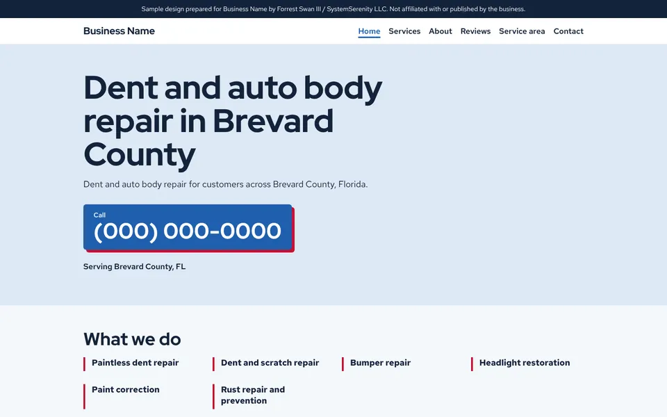 Five-page redesign concept for a dent repair company in Brevard County, with the business name and phone replaced by placeholders
