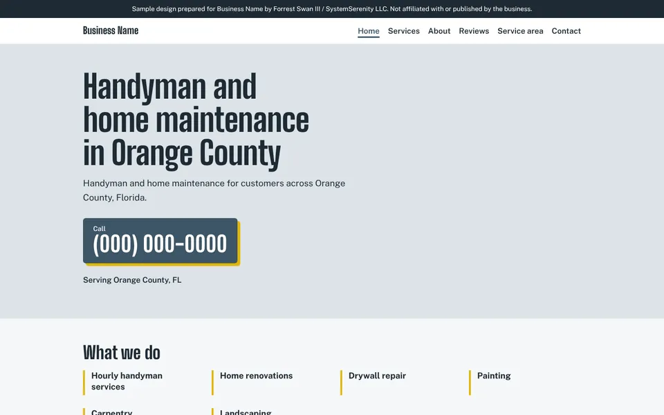 Five-page redesign concept for a handyman company in Orange County, with the business name and phone replaced by placeholders