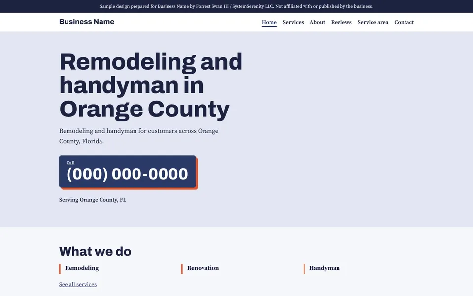 Five-page redesign concept for a remodeling company in Orange County, with the business name and phone replaced by placeholders