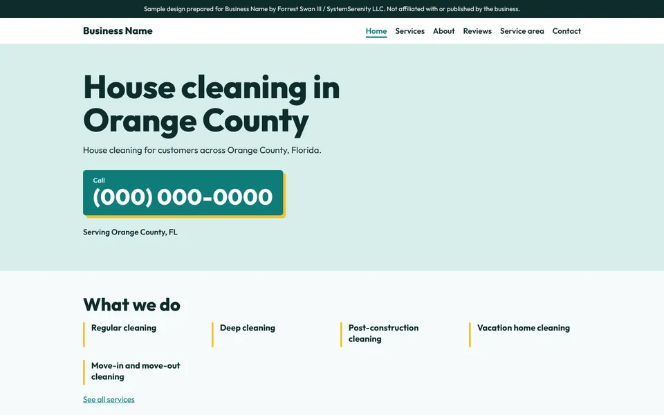 Five-page redesign concept for a house cleaning company in Orange County, with the business name and phone replaced by placeholders