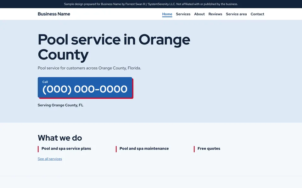 Five-page redesign concept for a pool service company in Orange County, with the business name and phone replaced by placeholders