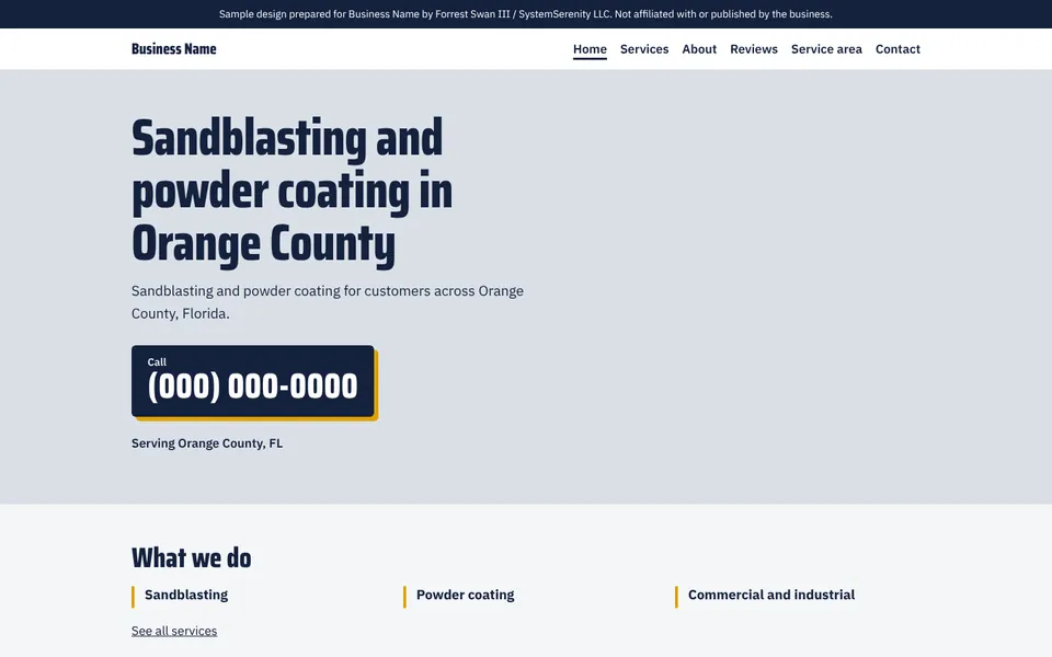 Five-page redesign concept for a sandblasting and powder coating shop in Orange County, with the business name and phone replaced by placeholders